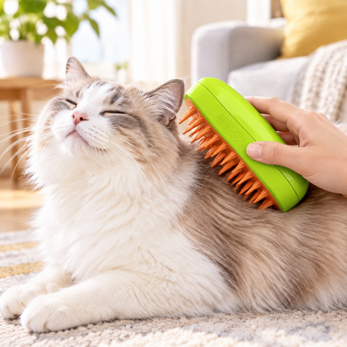 Green mango style pet grooming brush used on a cat