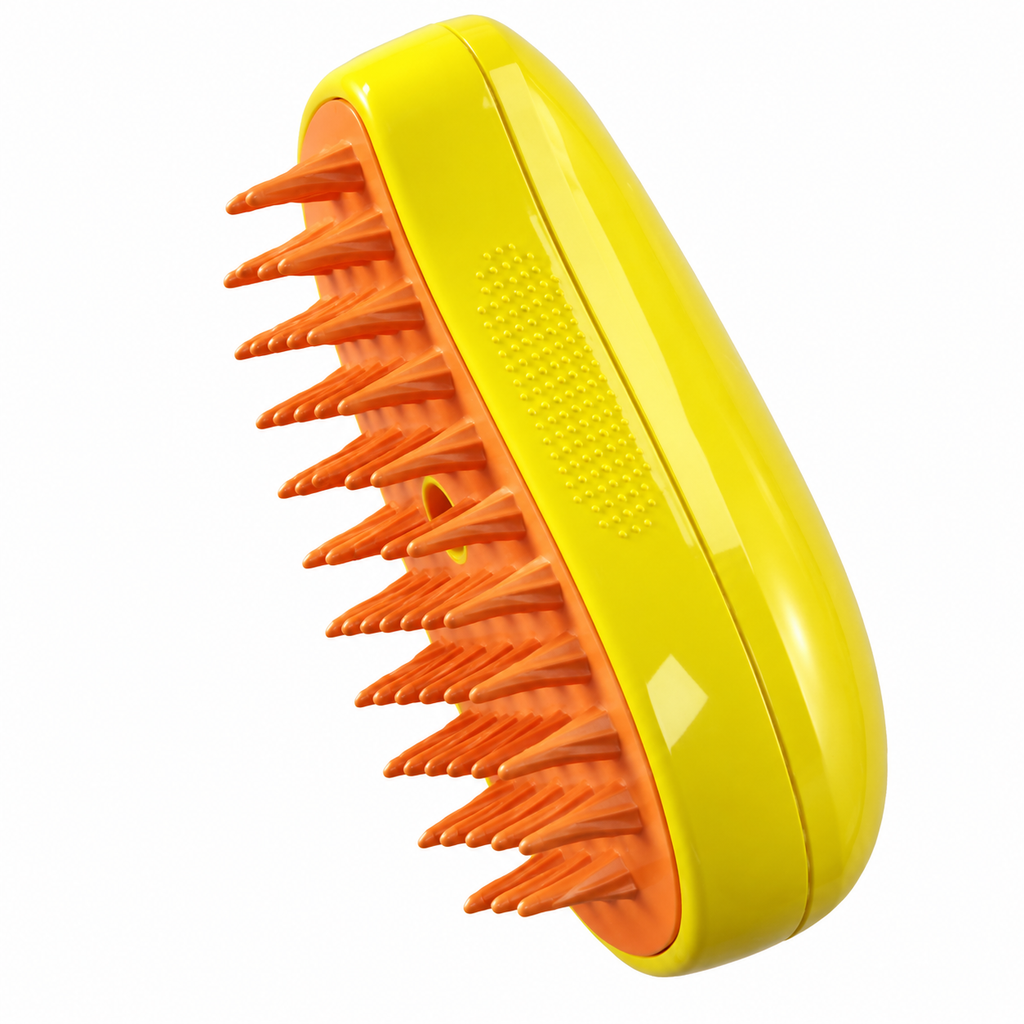 Yellow mango style pet grooming brush with orange silicone bristles