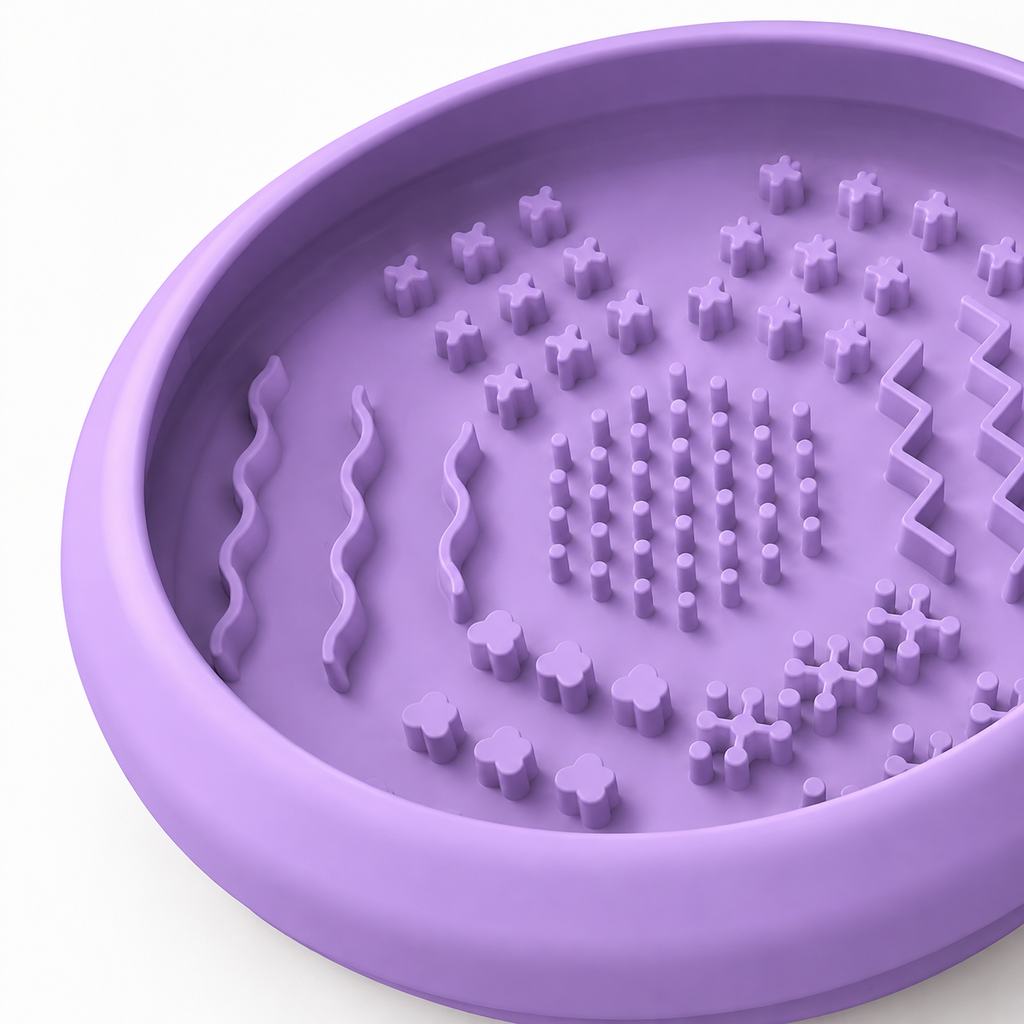 Lavender purple silicone slow feeder lick bowl texture detail