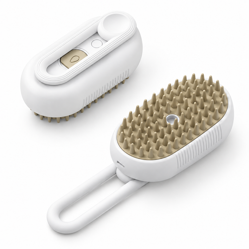 White rotating handle pet grooming brush with silicone bristles