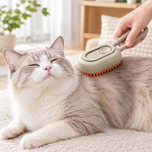 Pet grooming spray slicker brush used on a cat