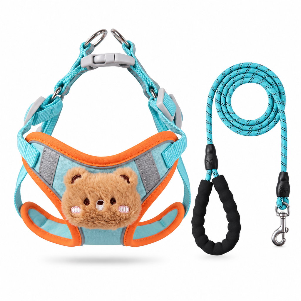 Blue teddy bear dog harness and matching reflective leash set