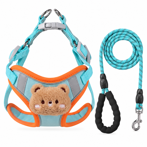 Blue orange teddy bear dog harness with reflective rope leash