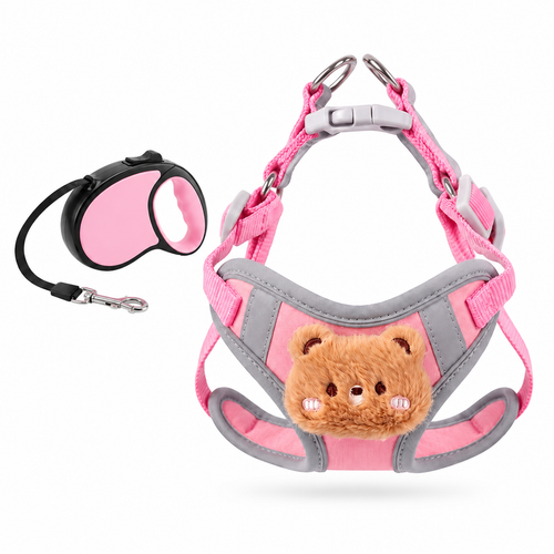 Pink teddy bear dog harness and retractable leash set